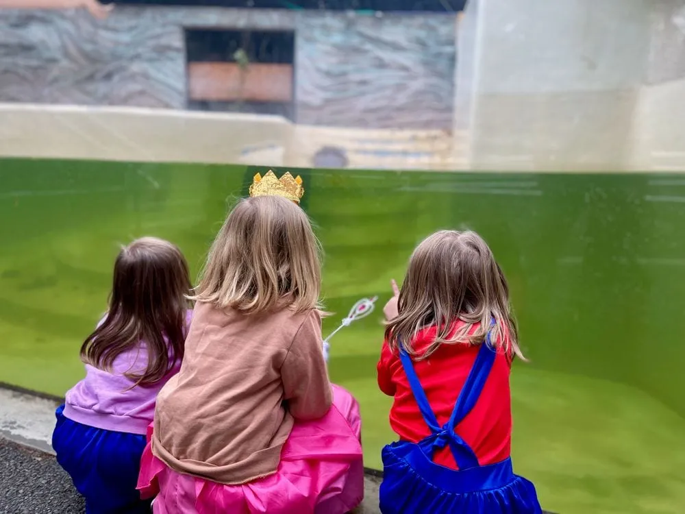 Three young girls dressed as Peach, Mario, and Luigi lean over a railing to look into a zoo exhibit pool at Ueno Zoo in Tokyo.