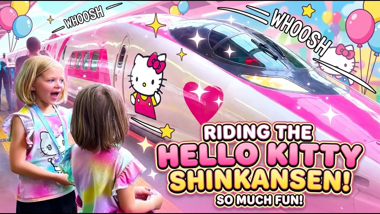 A YouTube thumbnail of a bright pink Hello Kitty-themed Shinkansen bullet train arriving at a platform, with two excited young girls watching it pull in, text reading 'Riding the Hello Kitty Shinkansen! So Much Fun!'