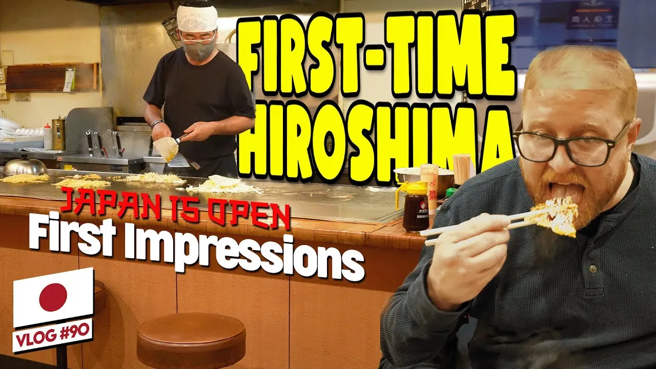 A YouTube thumbnail of a chef preparing okonomiyaki on a teppan grill in Hiroshima, with Adam Clarkson eating a bite in the foreground, text reading 'First-Time Hiroshima, First Impressions.'