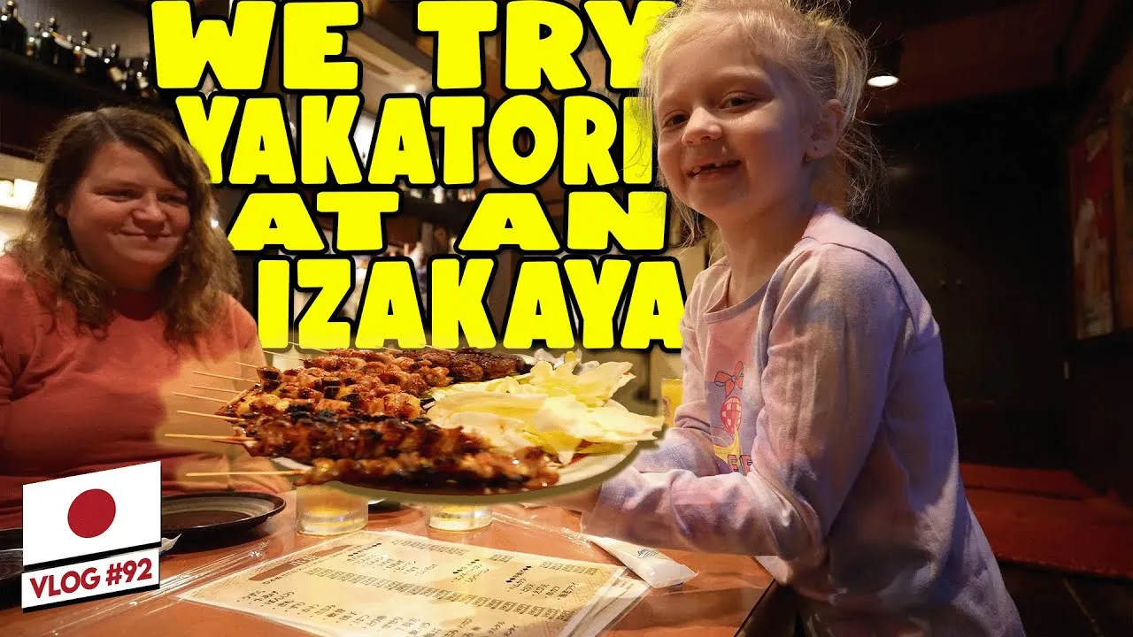 YouTube thumbnail for the Clarkson family's yakitori izakaya dinner vlog in Hiroshima, Japan.