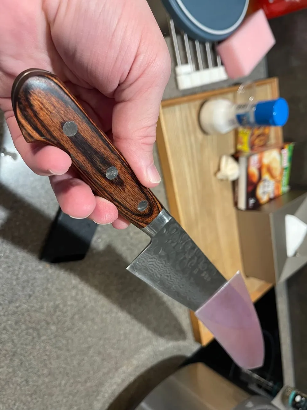 A hand holds a Japanese chef's knife with a dark wooden handle and visible rivets, with a kitchen counter blurred in the background.