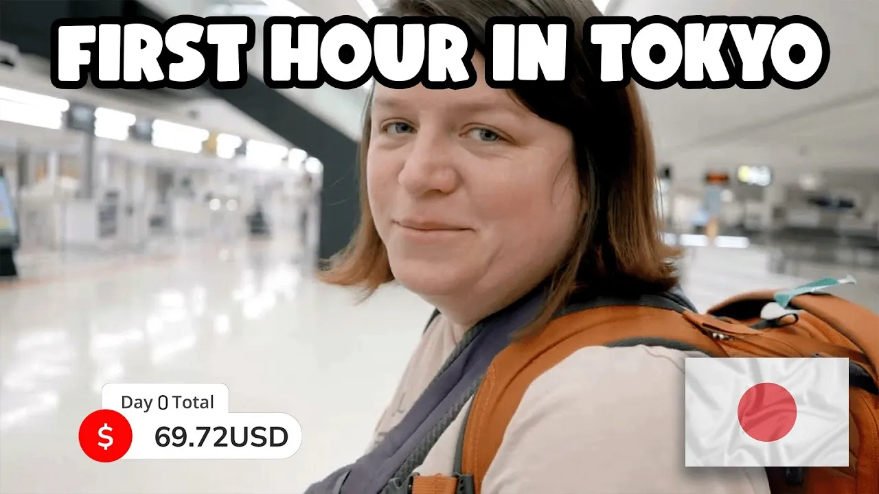 A YouTube thumbnail of Lindsay Clarkson at Narita Airport shortly after landing in Tokyo, with an on-screen running cost counter showing the day's total so far.