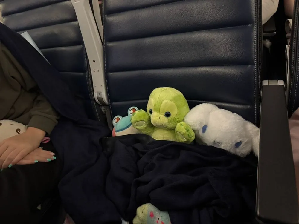 A green stuffed turtle and a white Cinnamoroll plush tucked into an airplane seat under a dark blanket, departing Japan from Haneda Airport.