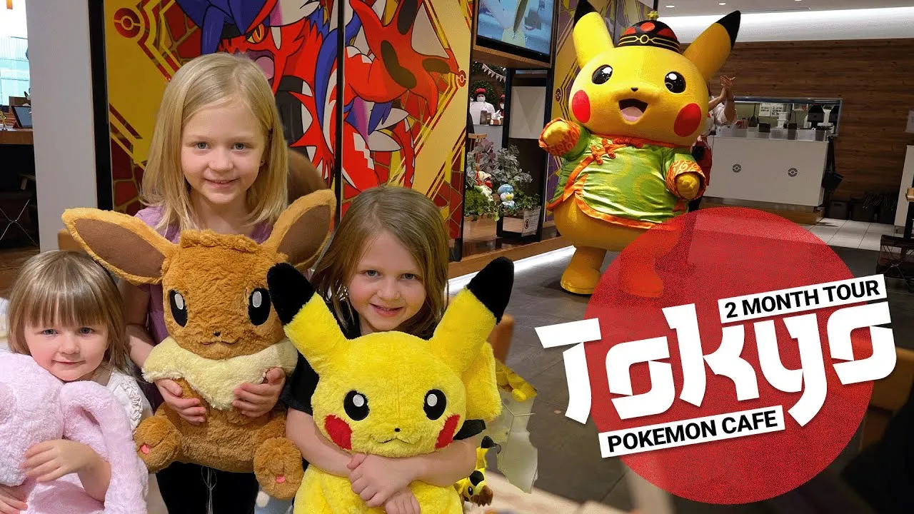 A YouTube thumbnail of the Clarkson family's visit to the Pokémon Café in Tokyo, with the girls holding giant Pikachu and Eevee plushies while a Pikachu mascot waves in the background.