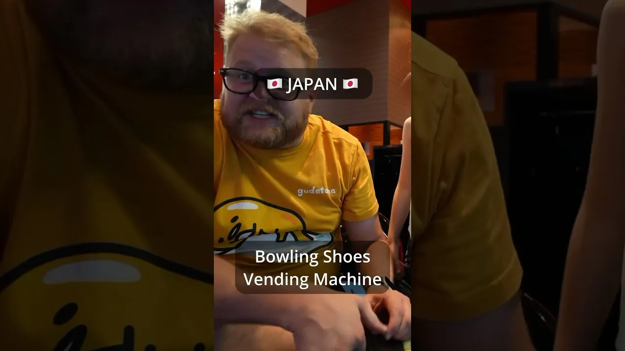 A YouTube thumbnail of Adam Clarkson in a Round1 bowling alley in Japan, text reading 'Bowling Shoes Vending Machine.'