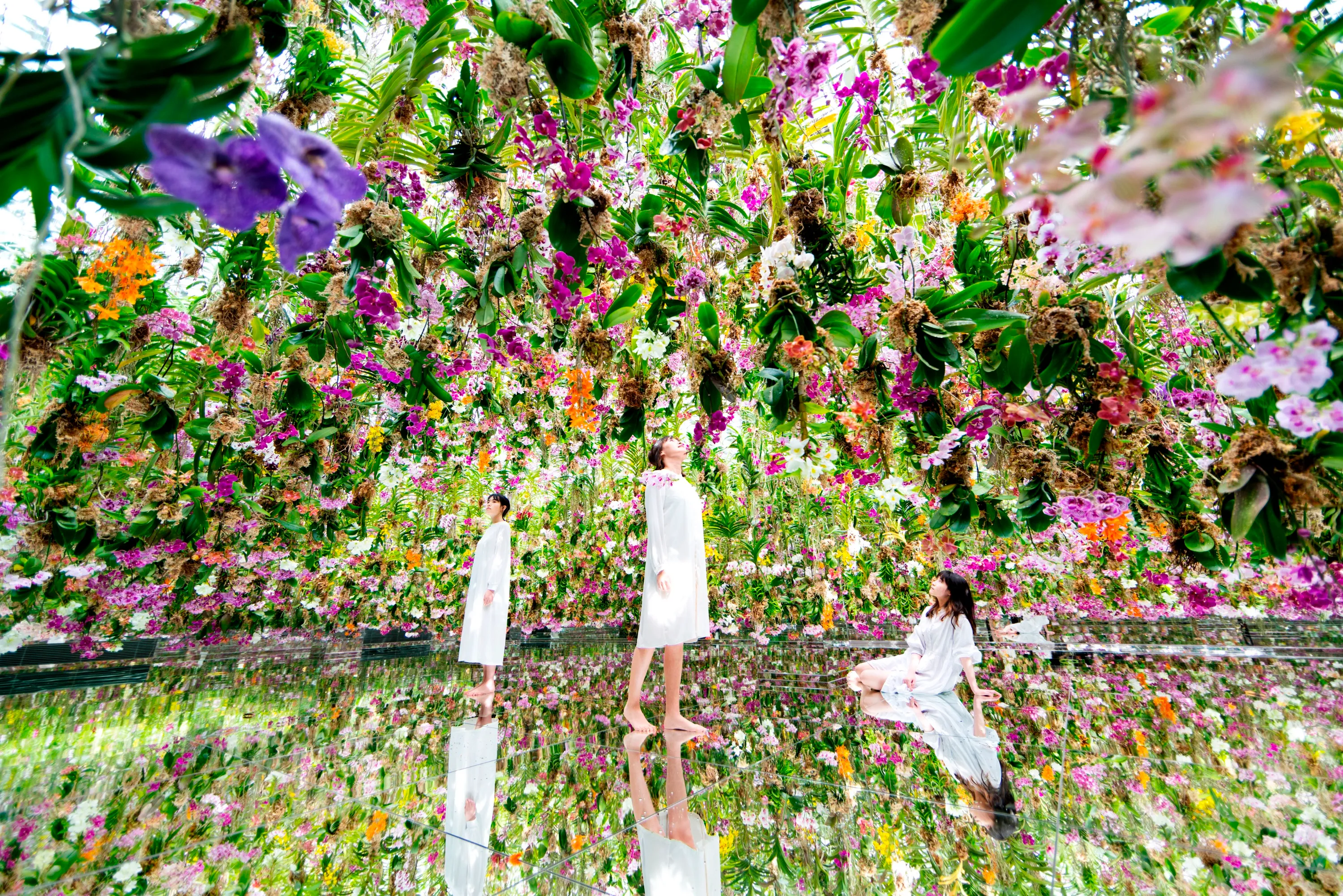 Visitors walk barefoot through a reflective, water-covered floor illuminated with colorful projected light at teamLab Planets in Tokyo.