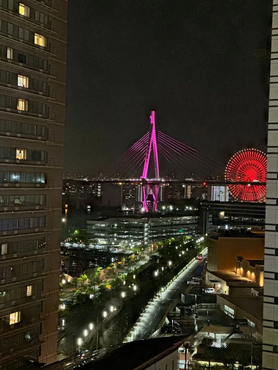 A nighttime cityscape view from a high-rise apartment in Osaka, showing a pink-lit cable-stayed bridge in the middle distance and a large red illuminated Ferris wheel to the right.