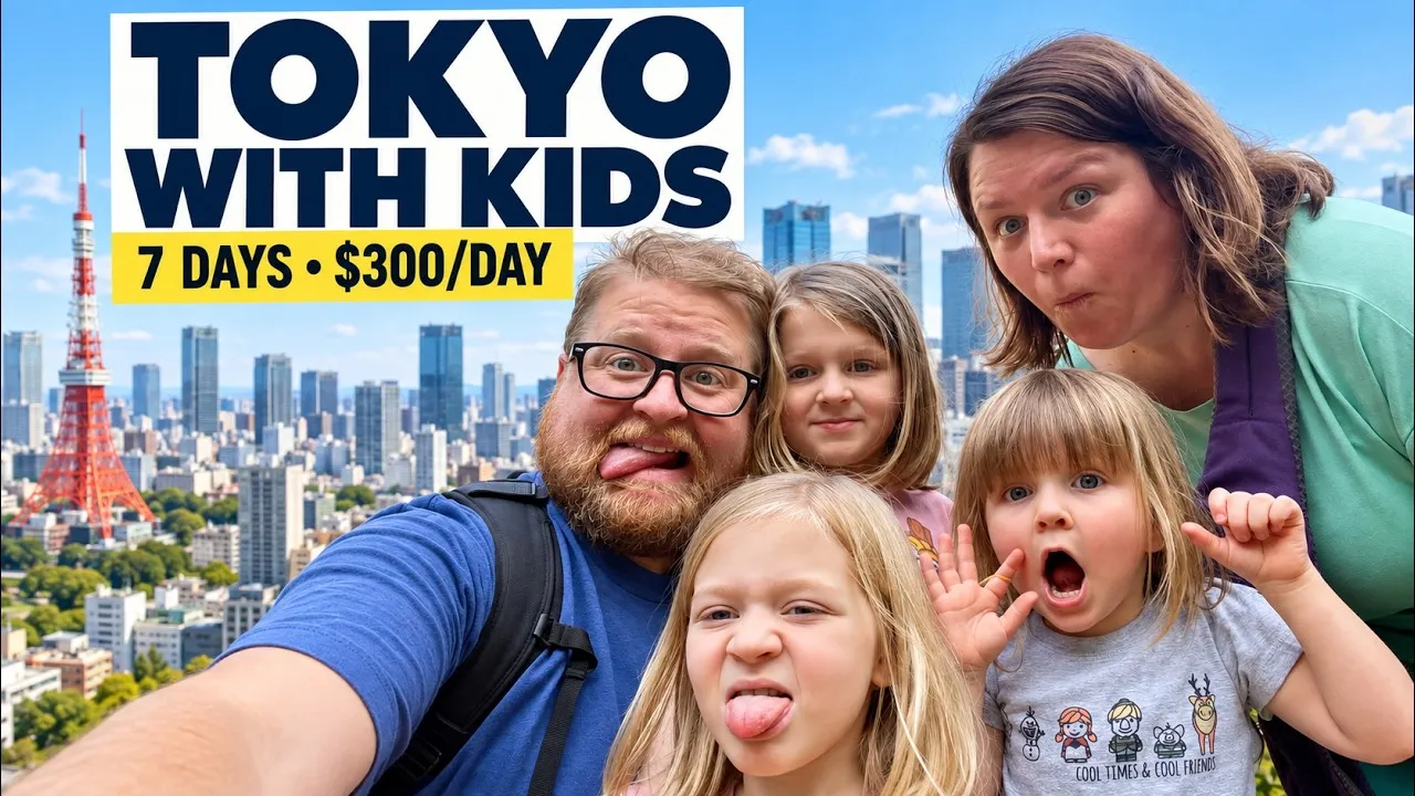 A YouTube thumbnail of the Clarkson family making silly faces on a selfie, Tokyo Tower and the skyline behind them, with text reading 'Tokyo With Kids, 7 Days, $300/Day.'