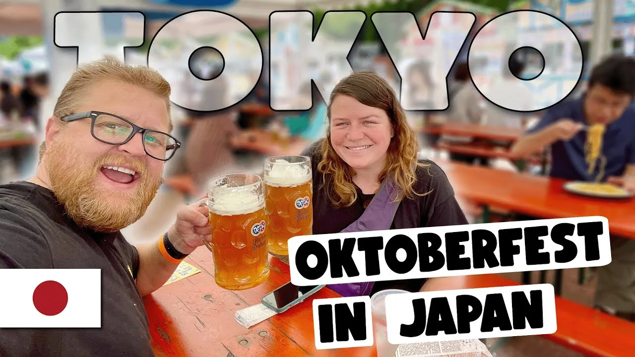 A YouTube thumbnail of the Clarkson family at a Tokyo Oktoberfest beer garden, holding large one-liter beer steins at an outdoor tent.