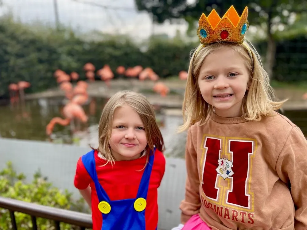 Two young girls in Mario and Luigi Halloween costumes stand in front of a flamingo enclosure at Ueno Zoo in Tokyo.