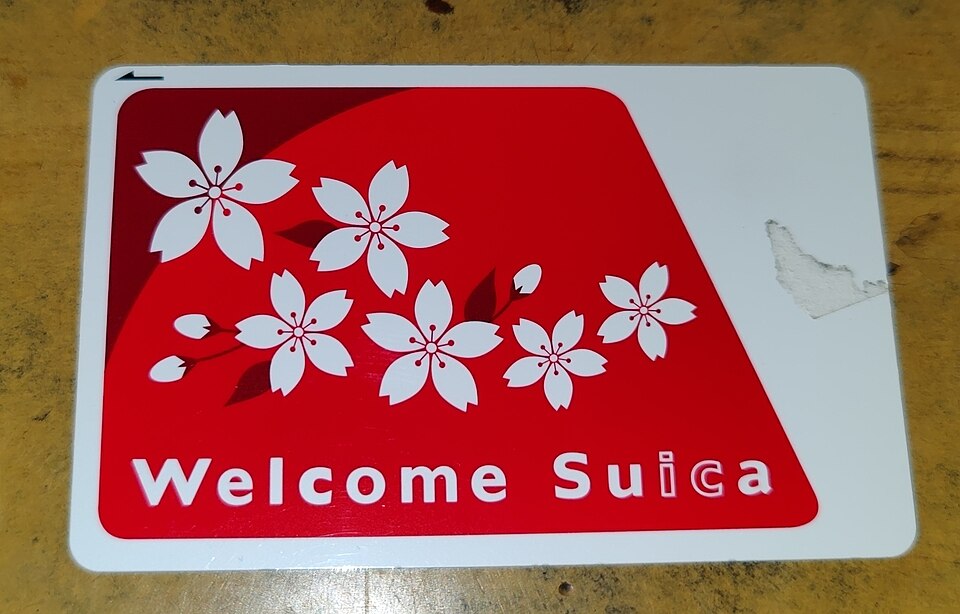 A Welcome Suica card with a cherry blossom design, the no-deposit short-term version of the card.